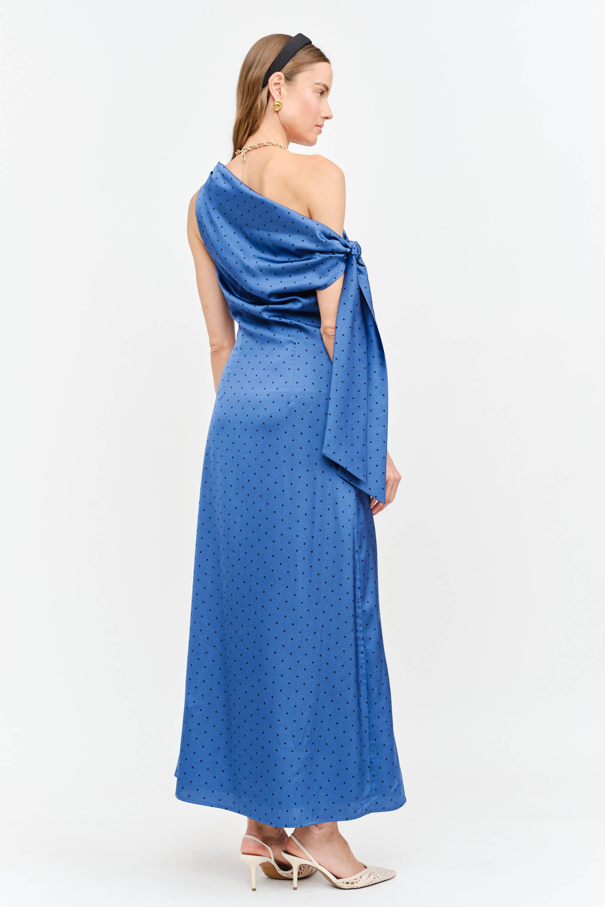 blue one shoulder midi dress, asymmetrical midi dress, textured blue wedding guest dress, elegant occasion dress, cocktail party dress, formal midi dress, fall wedding guest dress, boutique women's dress, West of May Boutique, polka dot wedding guest dress, something blue dress, bridesmaid dress