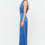 blue one shoulder midi dress, asymmetrical midi dress, textured blue wedding guest dress, elegant occasion dress, cocktail party dress, formal midi dress, fall wedding guest dress, boutique women's dress, West of May Boutique, polka dot wedding guest dress, something blue dress, bridesmaid dress