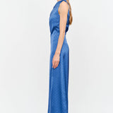 blue one shoulder midi dress, asymmetrical midi dress, textured blue wedding guest dress, elegant occasion dress, cocktail party dress, formal midi dress, fall wedding guest dress, boutique women's dress, West of May Boutique, polka dot wedding guest dress, something blue dress, bridesmaid dress
