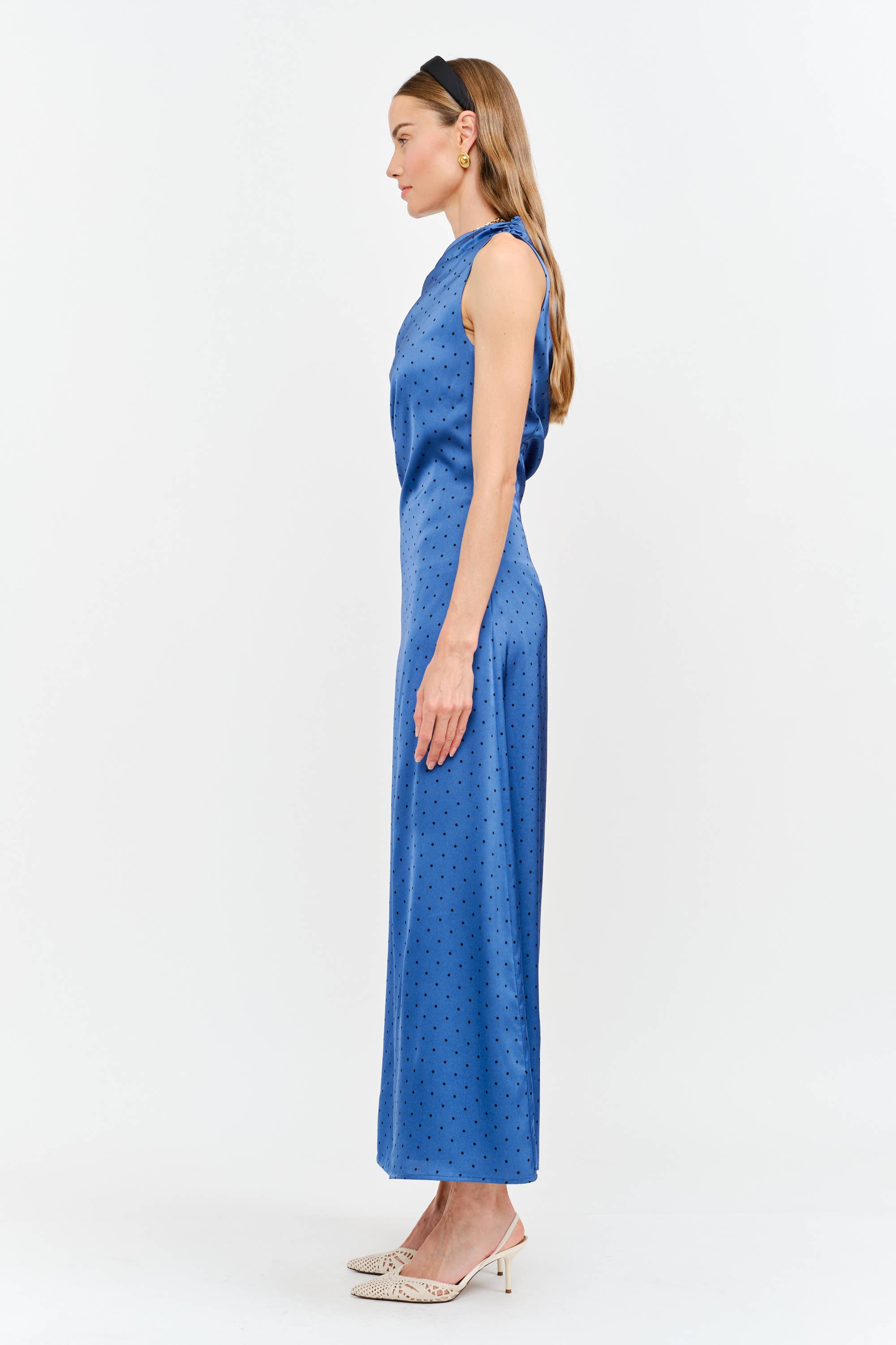 blue one shoulder midi dress, asymmetrical midi dress, textured blue wedding guest dress, elegant occasion dress, cocktail party dress, formal midi dress, fall wedding guest dress, boutique women's dress, West of May Boutique, polka dot wedding guest dress, something blue dress, bridesmaid dress