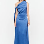 blue one shoulder midi dress, asymmetrical midi dress, textured blue wedding guest dress, elegant occasion dress, cocktail party dress, formal midi dress, fall wedding guest dress, boutique women's dress, West of May Boutique, polka dot wedding guest dress, something blue dress, bridesmaid dress