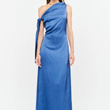 blue one shoulder midi dress, asymmetrical midi dress, textured blue wedding guest dress, elegant occasion dress, cocktail party dress, formal midi dress, fall wedding guest dress, boutique women's dress, West of May Boutique, polka dot wedding guest dress, something blue dress, bridesmaid dress