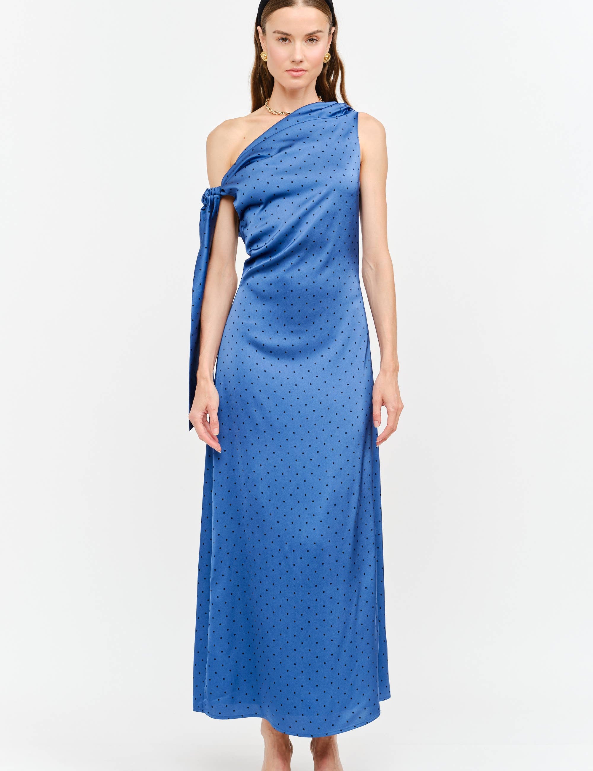 blue one shoulder midi dress, asymmetrical midi dress, textured blue wedding guest dress, elegant occasion dress, cocktail party dress, formal midi dress, fall wedding guest dress, boutique women's dress, West of May Boutique, polka dot wedding guest dress, something blue dress, bridesmaid dress