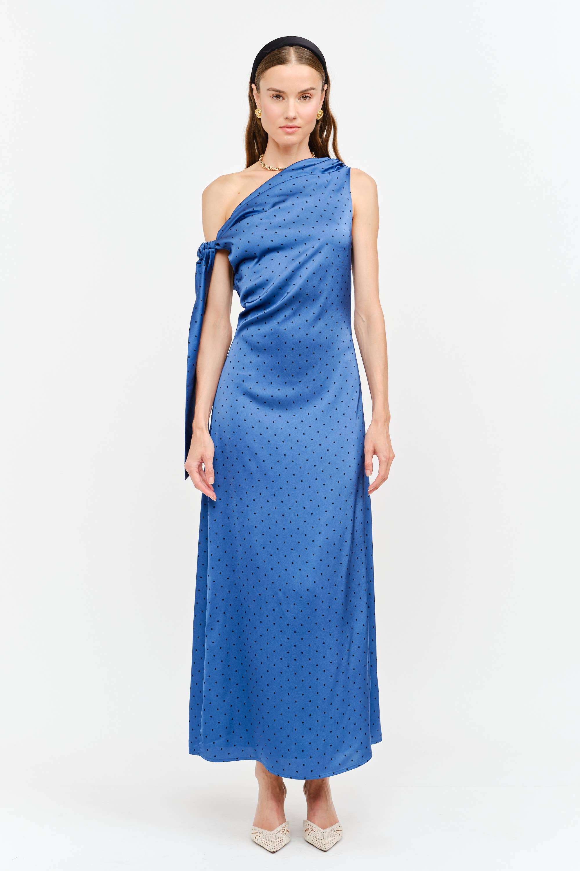blue one shoulder midi dress, asymmetrical midi dress, textured blue wedding guest dress, elegant occasion dress, cocktail party dress, formal midi dress, fall wedding guest dress, boutique women's dress, West of May Boutique, polka dot wedding guest dress, something blue dress, bridesmaid dress