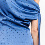 blue one shoulder midi dress, asymmetrical midi dress, textured blue wedding guest dress, elegant occasion dress, cocktail party dress, formal midi dress, fall wedding guest dress, boutique women's dress, West of May Boutique, polka dot wedding guest dress, something blue dress, bridesmaid dress