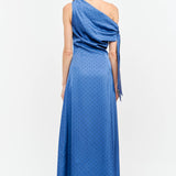 blue one shoulder midi dress, asymmetrical midi dress, textured blue wedding guest dress, elegant occasion dress, cocktail party dress, formal midi dress, fall wedding guest dress, boutique women's dress, West of May Boutique, polka dot wedding guest dress, something blue dress, bridesmaid dress