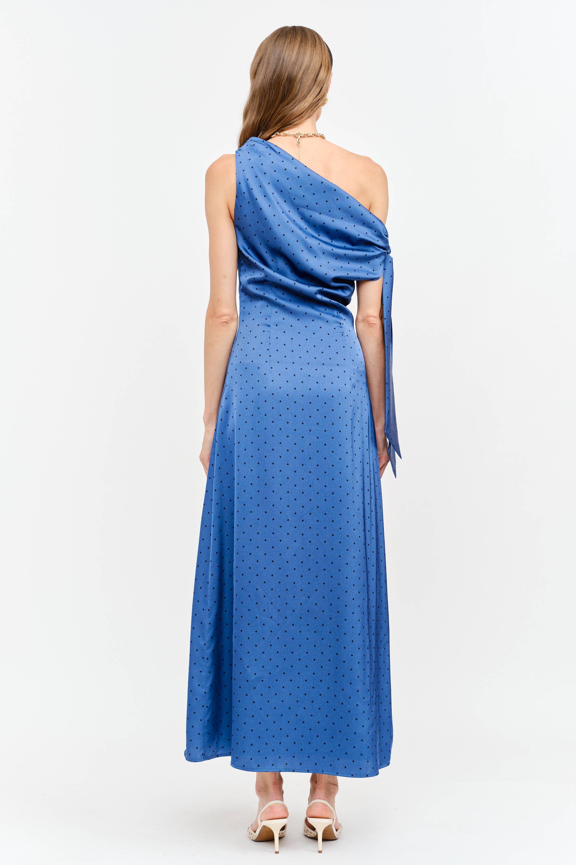 blue one shoulder midi dress, asymmetrical midi dress, textured blue wedding guest dress, elegant occasion dress, cocktail party dress, formal midi dress, fall wedding guest dress, boutique women's dress, West of May Boutique, polka dot wedding guest dress, something blue dress, bridesmaid dress