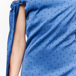 blue one shoulder midi dress, asymmetrical midi dress, textured blue wedding guest dress, elegant occasion dress, cocktail party dress, formal midi dress, fall wedding guest dress, boutique women's dress, West of May Boutique, polka dot wedding guest dress, something blue dress, bridesmaid dress