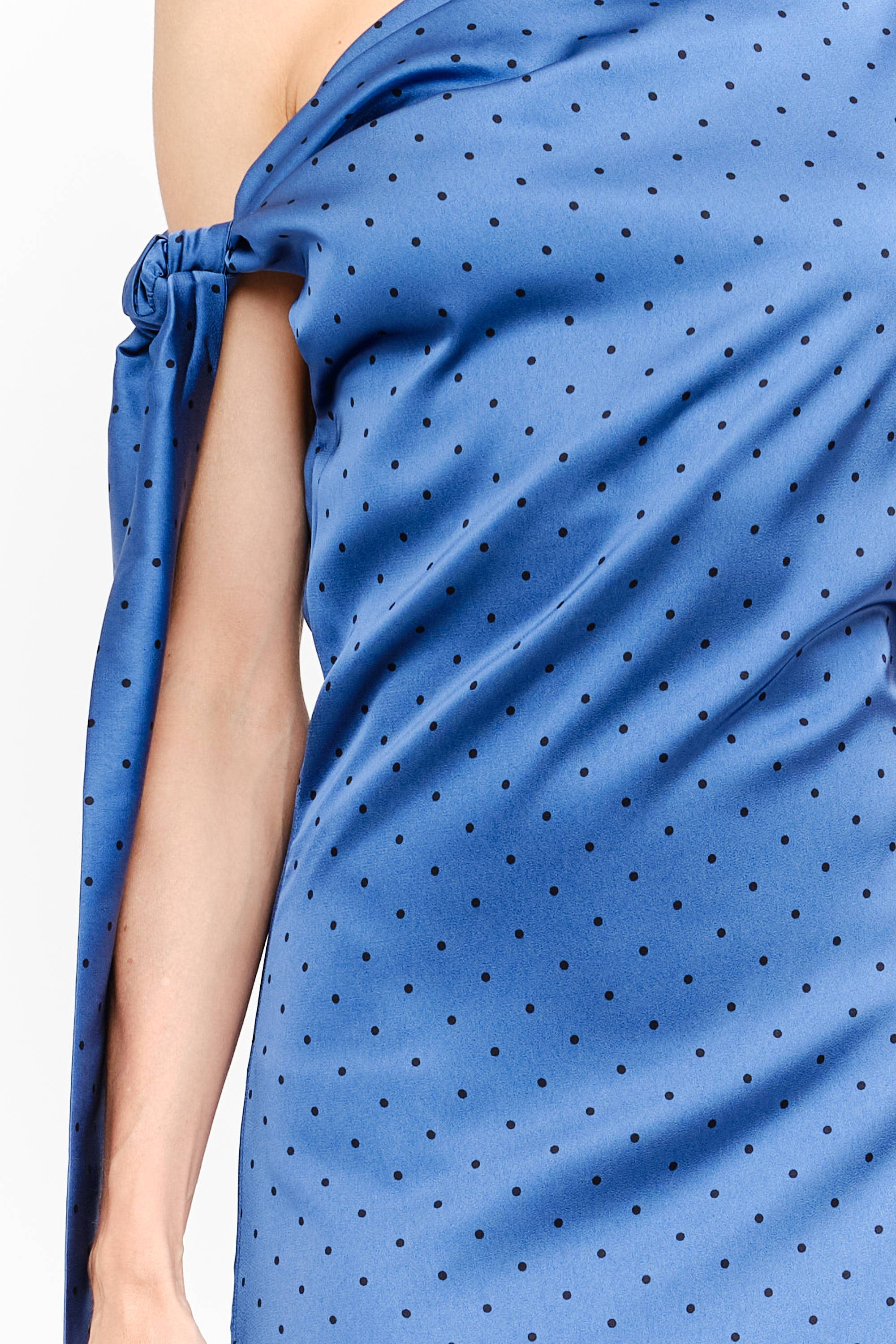 blue one shoulder midi dress, asymmetrical midi dress, textured blue wedding guest dress, elegant occasion dress, cocktail party dress, formal midi dress, fall wedding guest dress, boutique women's dress, West of May Boutique, polka dot wedding guest dress, something blue dress, bridesmaid dress