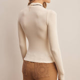 ivory ribbed mock neck top, fitted long sleeve top, stretchy ribbed layering top, women's mock neck shirt, long sleeve top with thumbholes, neutral fall layering top, soft fitted knit top, women's boutique basics
