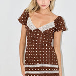 women's brown polka dot dress, chocolate brown mini dress, brown polka dot mini dress, lace trim mini dress, western mini dress, cowgirl mini dress, western date night dress, brown and cream dress, sweetheart neckline dress, puff sleeve mini dress, fitted fall mini dress, fall dress with cowboy boots, country concert outfit women, western concert dress, women's western fall outfit, vintage western dress, lace western dress, chocolate brown fall dress, women's boutique mini dress, western women's clothing