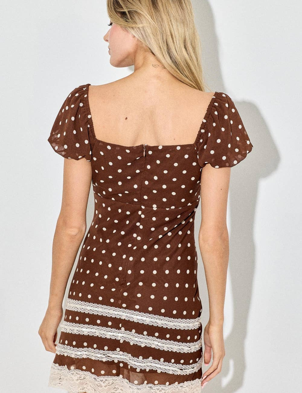 women's brown polka dot dress, chocolate brown mini dress, brown polka dot mini dress, lace trim mini dress, western mini dress, cowgirl mini dress, western date night dress, brown and cream dress, sweetheart neckline dress, puff sleeve mini dress, fitted fall mini dress, fall dress with cowboy boots, country concert outfit women, western concert dress, women's western fall outfit, vintage western dress, lace western dress, chocolate brown fall dress, women's boutique mini dress, western women's clothing