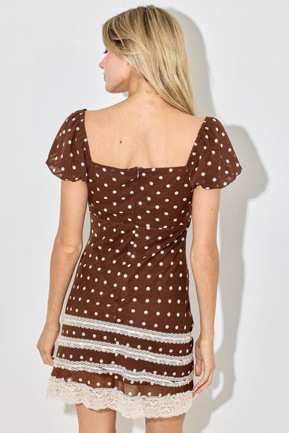 women's brown polka dot dress, chocolate brown mini dress, brown polka dot mini dress, lace trim mini dress, western mini dress, cowgirl mini dress, western date night dress, brown and cream dress, sweetheart neckline dress, puff sleeve mini dress, fitted fall mini dress, fall dress with cowboy boots, country concert outfit women, western concert dress, women's western fall outfit, vintage western dress, lace western dress, chocolate brown fall dress, women's boutique mini dress, western women's clothing