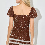 women's brown polka dot dress, chocolate brown mini dress, brown polka dot mini dress, lace trim mini dress, western mini dress, cowgirl mini dress, western date night dress, brown and cream dress, sweetheart neckline dress, puff sleeve mini dress, fitted fall mini dress, fall dress with cowboy boots, country concert outfit women, western concert dress, women's western fall outfit, vintage western dress, lace western dress, chocolate brown fall dress, women's boutique mini dress, western women's clothing