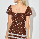 women's brown polka dot dress, chocolate brown mini dress, brown polka dot mini dress, lace trim mini dress, western mini dress, cowgirl mini dress, western date night dress, brown and cream dress, sweetheart neckline dress, puff sleeve mini dress, fitted fall mini dress, fall dress with cowboy boots, country concert outfit women, western concert dress, women's western fall outfit, vintage western dress, lace western dress, chocolate brown fall dress, women's boutique mini dress, western women's clothing