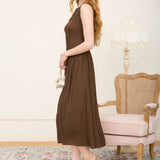 women's brown midi dress, chocolate brown midi dress, basque waist midi dress, brown basque waist dress, drop waist midi dress, sleeveless brown dress, boat neck midi dress, fitted bodice midi dress, brown fall dress, women's fall midi dress, western midi dress, western fall dress, cowgirl fall outfit, fall dress with cowboy boots, brown wedding guest dress, fall wedding guest dress, women's western clothing, elevated western dress, western boutique clothing, women's boutique fall dress, rayon midi dress