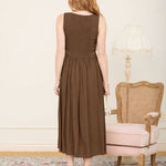 women's brown midi dress, chocolate brown midi dress, basque waist midi dress, brown basque waist dress, drop waist midi dress, sleeveless brown dress, boat neck midi dress, fitted bodice midi dress, brown fall dress, women's fall midi dress, western midi dress, western fall dress, cowgirl fall outfit, fall dress with cowboy boots, brown wedding guest dress, fall wedding guest dress, women's western clothing, elevated western dress, western boutique clothing, women's boutique fall dress, rayon midi dress