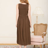 women's brown midi dress, chocolate brown midi dress, basque waist midi dress, brown basque waist dress, drop waist midi dress, sleeveless brown dress, boat neck midi dress, fitted bodice midi dress, brown fall dress, women's fall midi dress, western midi dress, western fall dress, cowgirl fall outfit, fall dress with cowboy boots, brown wedding guest dress, fall wedding guest dress, women's western clothing, elevated western dress, western boutique clothing, women's boutique fall dress, rayon midi dress