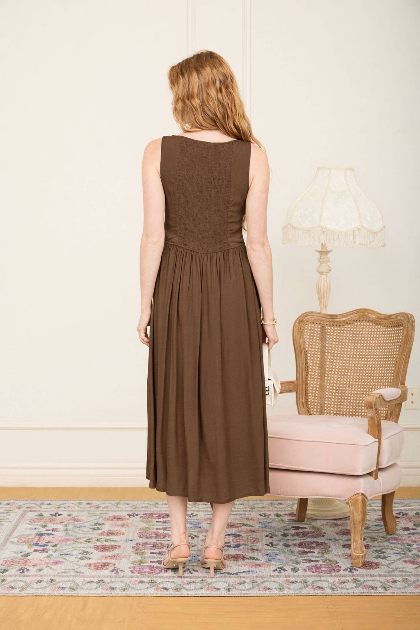 women's brown midi dress, chocolate brown midi dress, basque waist midi dress, brown basque waist dress, drop waist midi dress, sleeveless brown dress, boat neck midi dress, fitted bodice midi dress, brown fall dress, women's fall midi dress, western midi dress, western fall dress, cowgirl fall outfit, fall dress with cowboy boots, brown wedding guest dress, fall wedding guest dress, women's western clothing, elevated western dress, western boutique clothing, women's boutique fall dress, rayon midi dress