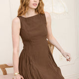 women's brown midi dress, chocolate brown midi dress, basque waist midi dress, brown basque waist dress, drop waist midi dress, sleeveless brown dress, boat neck midi dress, fitted bodice midi dress, brown fall dress, women's fall midi dress, western midi dress, western fall dress, cowgirl fall outfit, fall dress with cowboy boots, brown wedding guest dress, fall wedding guest dress, women's western clothing, elevated western dress, western boutique clothing, women's boutique fall dress, rayon midi dress