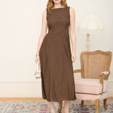 women's brown midi dress, chocolate brown midi dress, basque waist midi dress, brown basque waist dress, drop waist midi dress, sleeveless brown dress, boat neck midi dress, fitted bodice midi dress, brown fall dress, women's fall midi dress, western midi dress, western fall dress, cowgirl fall outfit, fall dress with cowboy boots, brown wedding guest dress, fall wedding guest dress, women's western clothing, elevated western dress, western boutique clothing, women's boutique fall dress, rayon midi dress