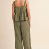 olive green gauze pants, cotton gauze drawstring pants, balloon leg pants, relaxed fit lounge pants, boho cotton pants, elastic waist pants women, lightweight green pants, comfortable travel pants, casual cotton trousers, olive green wide leg pants