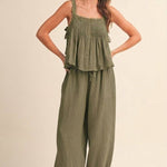 olive green gauze pants, cotton gauze drawstring pants, balloon leg pants, relaxed fit lounge pants, boho cotton pants, elastic waist pants women, lightweight green pants, comfortable travel pants, casual cotton trousers, olive green wide leg pants
