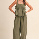olive green gauze pants, cotton gauze drawstring pants, balloon leg pants, relaxed fit lounge pants, boho cotton pants, elastic waist pants women, lightweight green pants, comfortable travel pants, casual cotton trousers, olive green wide leg pants