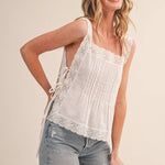 lace trim tank top
white cotton tank top
square neck tank
lace strap tank
feminine summer top
cotton lace blouse
pintuck tank top
white summer blouse
boho cotton tank
romantic summer top
lightweight cotton blouse
sleeveless lace top
boutique women's clothing
white casual top
cotton tank with lace
summer outfit essential
delicate lace detail top
women's cotton blouse
vacation outfit top
everyday feminine top
