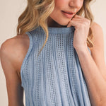 blue pointelle sweater tank
sleeveless knit tank women
lightweight sweater knit tank
round neck summer knit top
soft blue sleeveless sweater top
pointelle knit summer tank
women’s swing knit tank
coastal summer knit top
elevated casual summer top
summer spritz collection top
