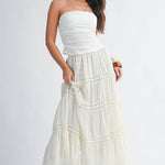 lace maxi skirt, white boho skirt, tiered lace skirt, flowy spring maxi skirt