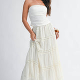 lace maxi skirt, white boho skirt, tiered lace skirt, flowy spring maxi skirt