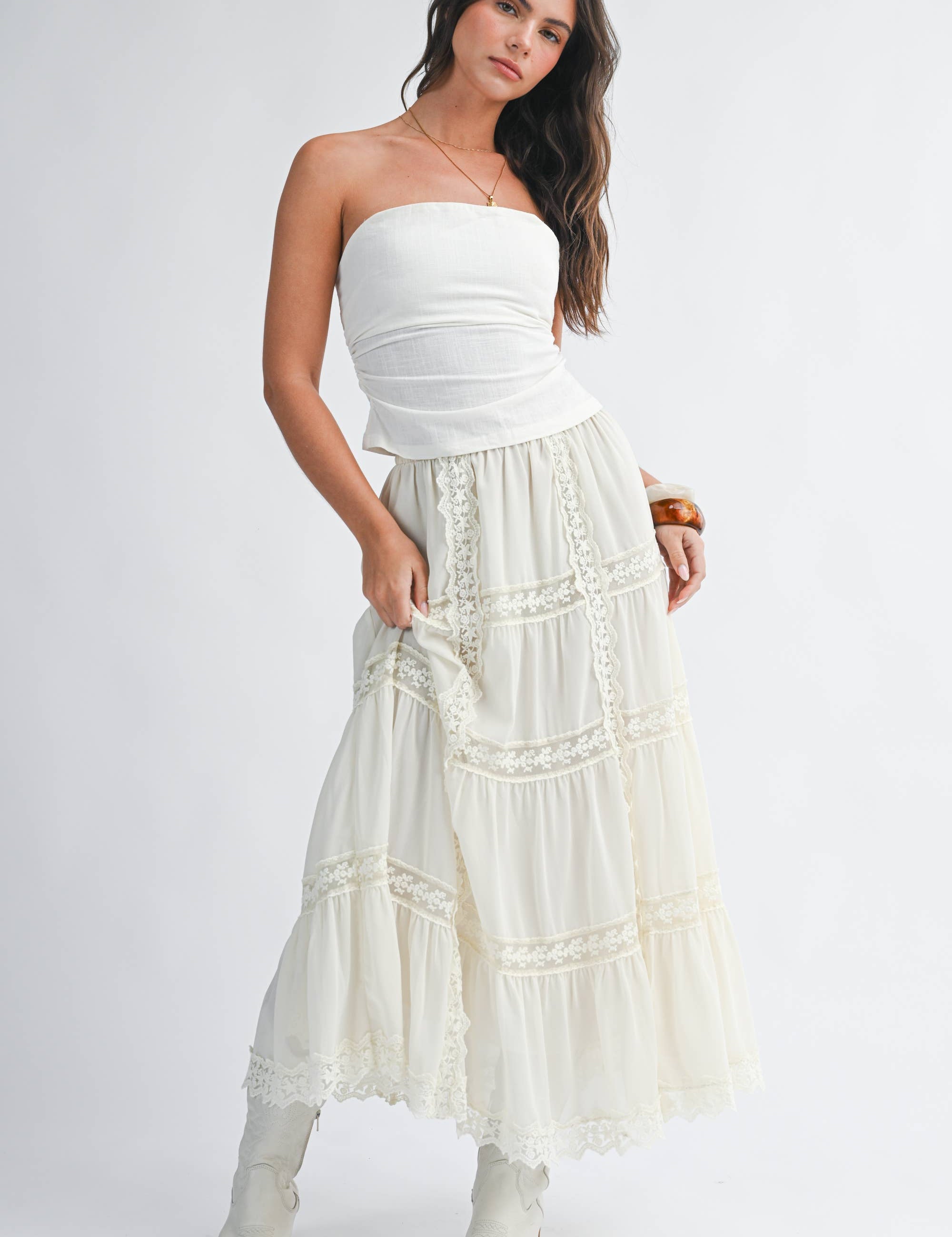 lace maxi skirt, white boho skirt, tiered lace skirt, flowy spring maxi skirt