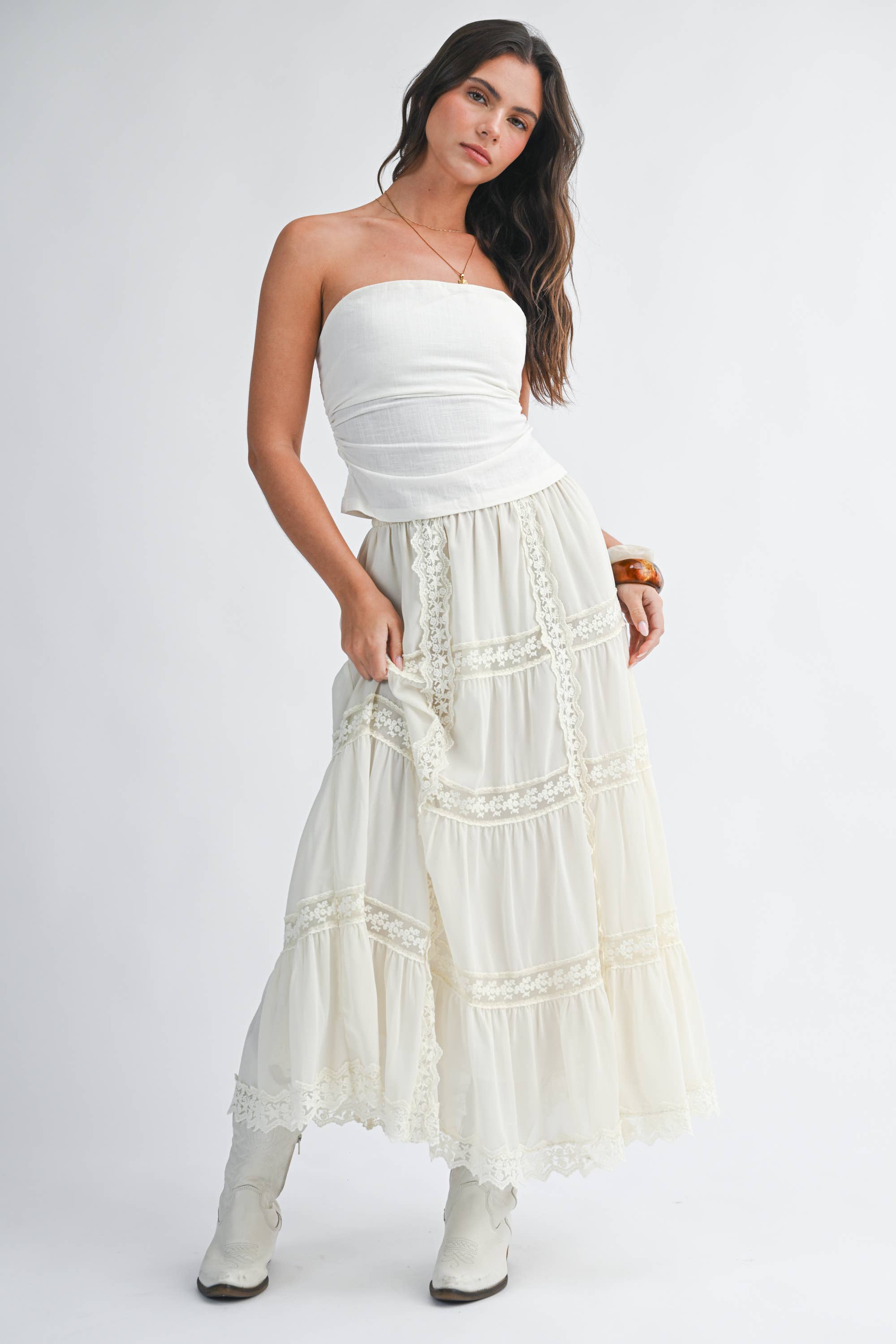 lace maxi skirt, white boho skirt, tiered lace skirt, flowy spring maxi skirt