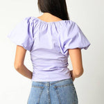 lavender puff sleeve top women, ruched cotton blouse women, easter outfit top women, lilac spring blouse women