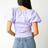lavender puff sleeve top women, ruched cotton blouse women, easter outfit top women, lilac spring blouse women