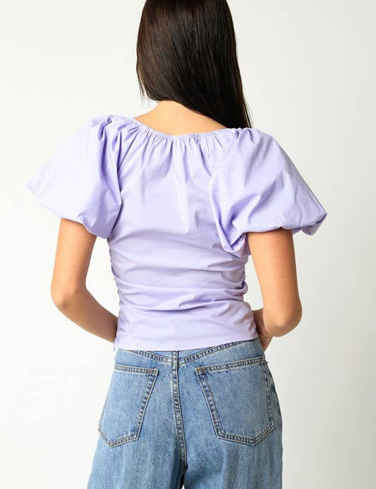 lavender puff sleeve top women, ruched cotton blouse women, easter outfit top women, lilac spring blouse women