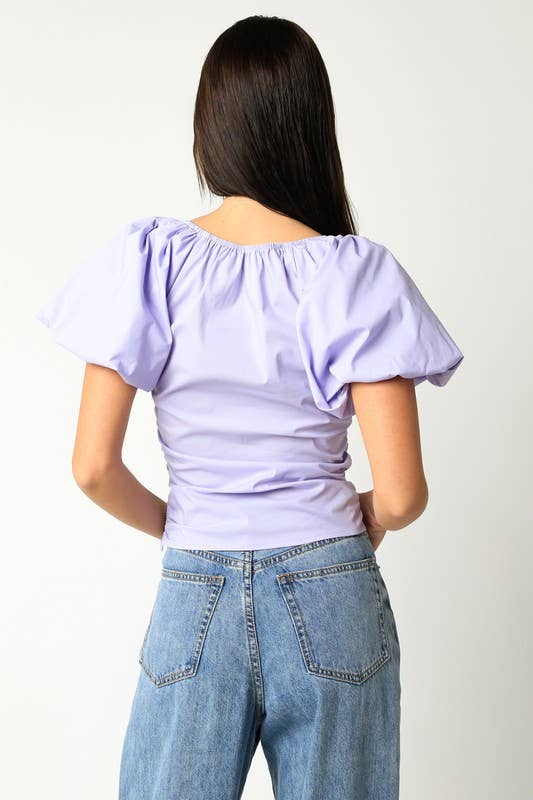 lavender puff sleeve top women, ruched cotton blouse women, easter outfit top women, lilac spring blouse women