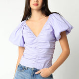 lavender puff sleeve top women, ruched cotton blouse women, easter outfit top women, lilac spring blouse women