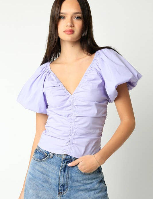 lavender puff sleeve top women, ruched cotton blouse women, easter outfit top women, lilac spring blouse women