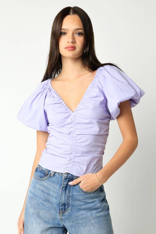 lavender puff sleeve top women, ruched cotton blouse women, easter outfit top women, lilac spring blouse women