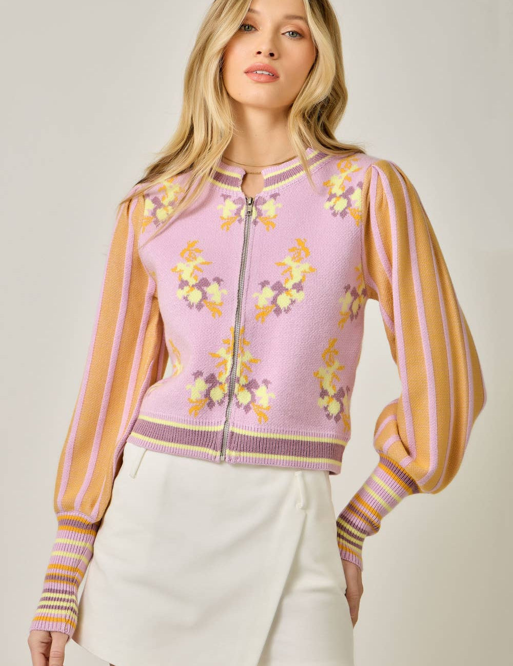 floral knit cardigan, lilac cardigan sweater, zip front cardigan women, spring lightweight cardigan