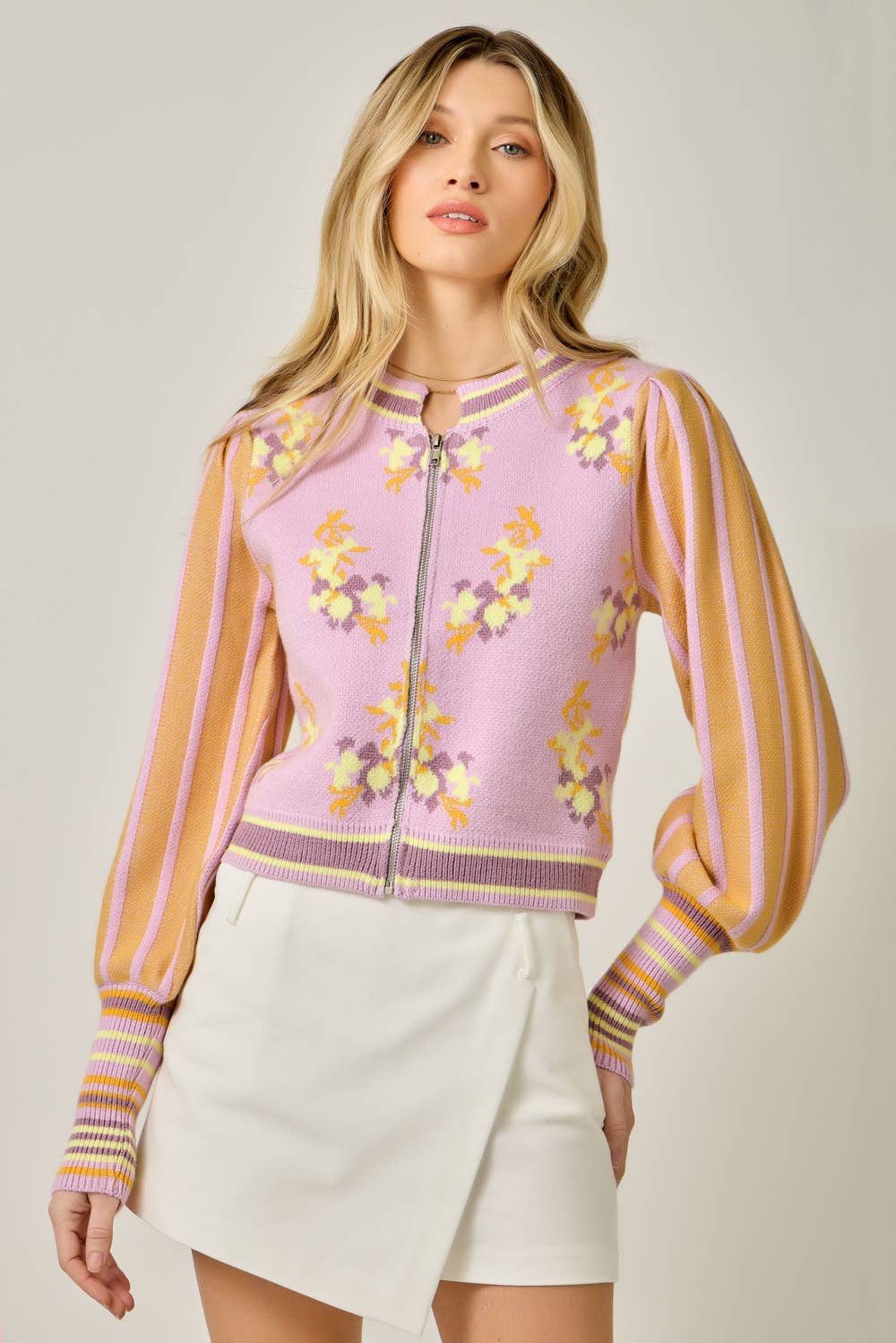 floral knit cardigan, lilac cardigan sweater, zip front cardigan women, spring lightweight cardigan