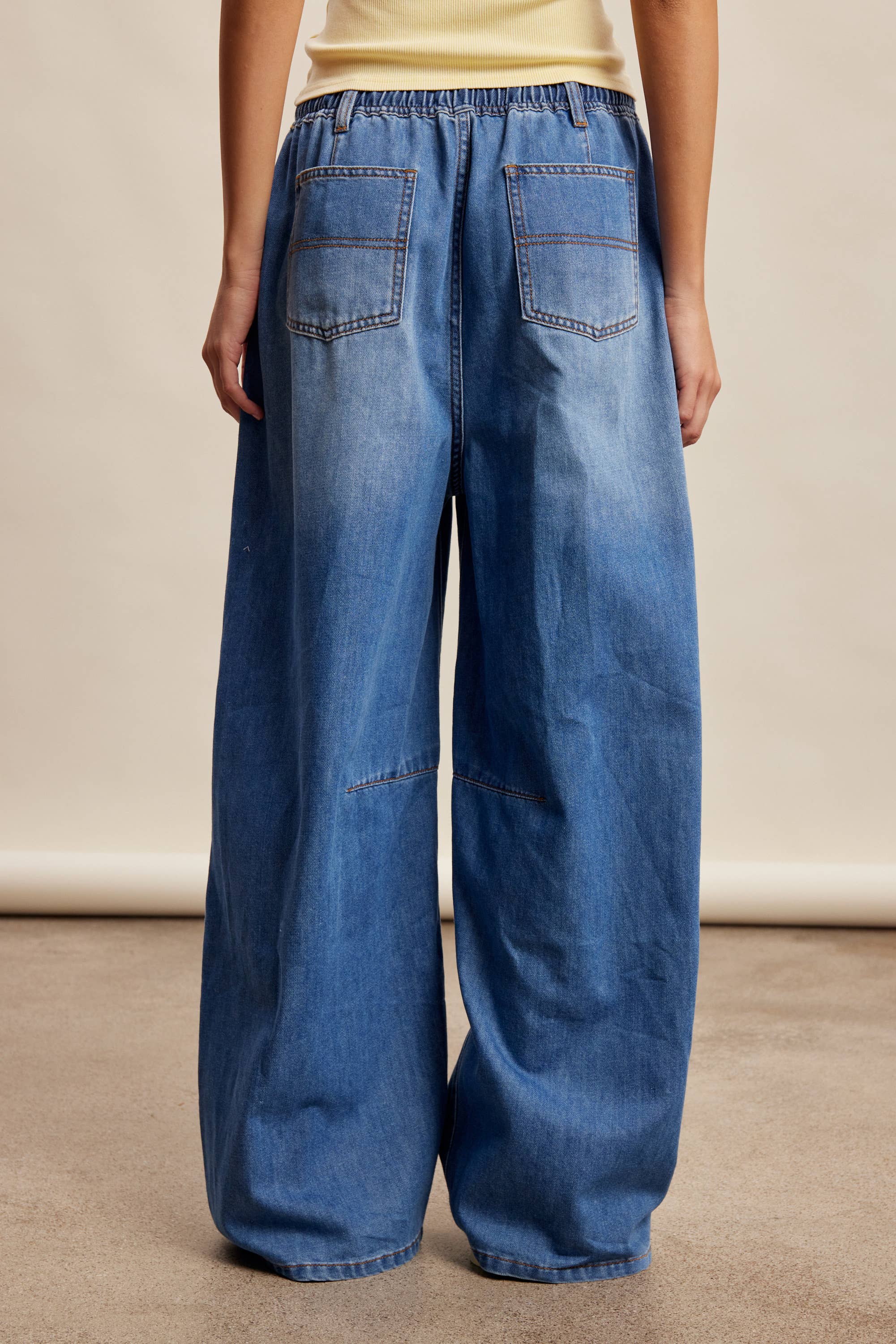 wide leg pull on denim pants
elastic waistband denim pants
lightweight cotton denim trousers
relaxed wide leg jeans women
drawstring waist denim pants
comfortable boutique denim pants
soft wide leg denim jeans
everyday relaxed denim pants