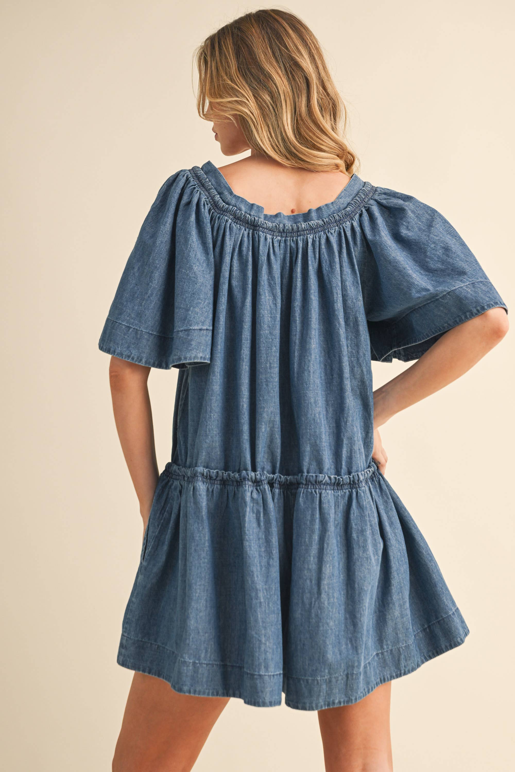 denim romper
flutter sleeve romper
lightweight denim romper
button front romper
drawstring waist romper
loose fit romper
mom friendly romper
casual summer romper
boutique denim romper
west of may romper