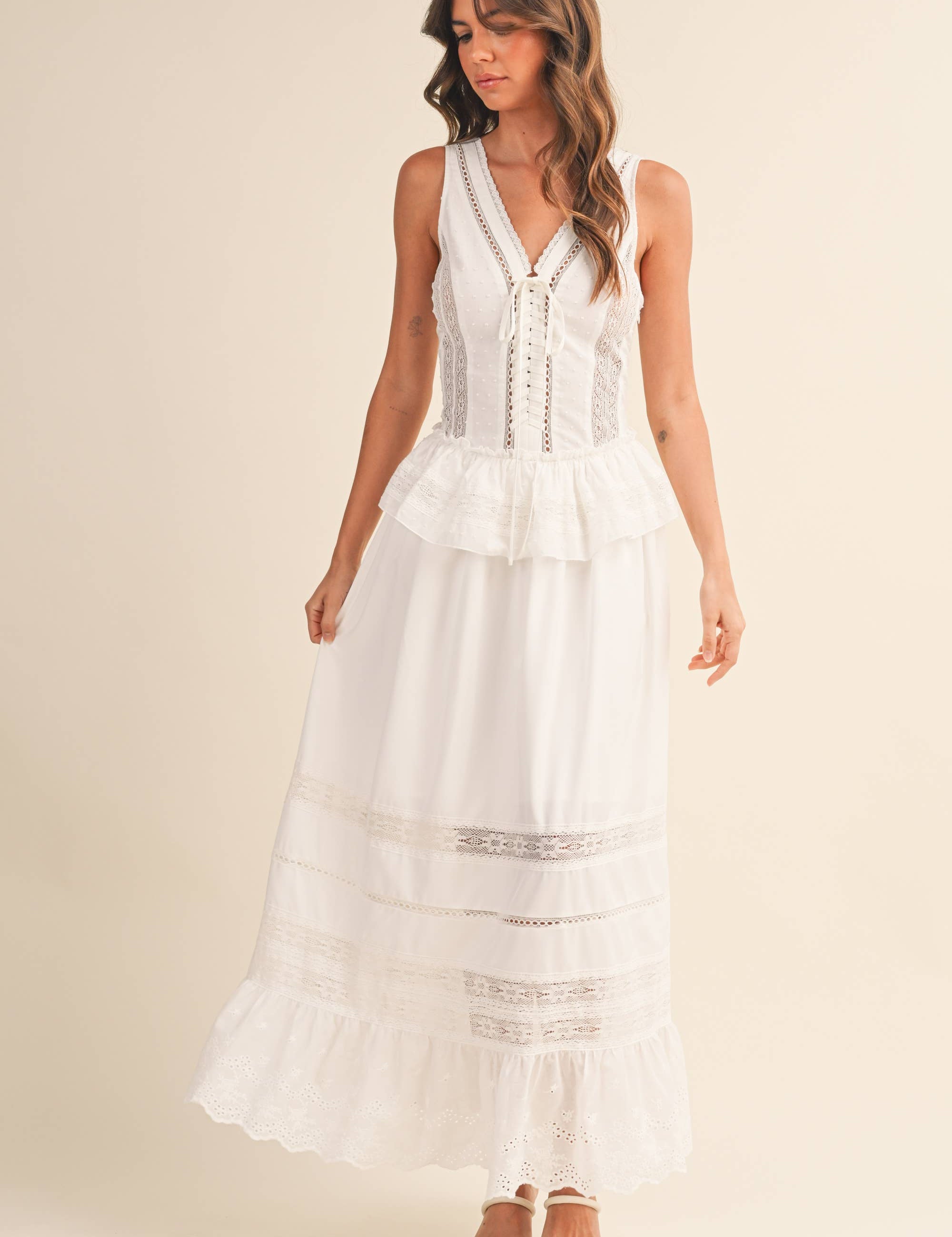 white cotton bridal shower dress
white maxi dress for rehearsal dinner
white summer bridal maxi dress
modest white maxi dress cotton
white lace inset maxi dress