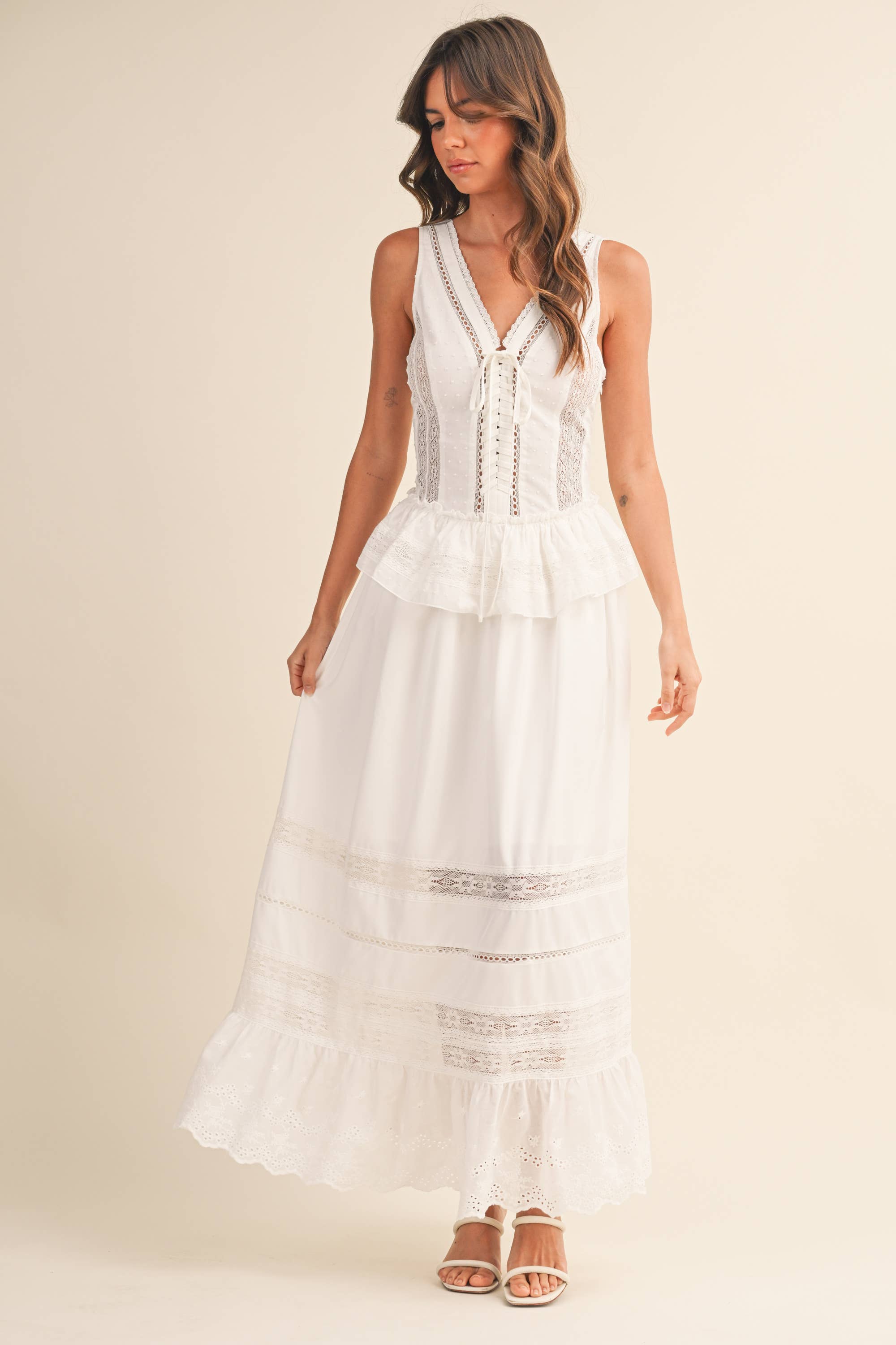 white cotton bridal shower dress
white maxi dress for rehearsal dinner
white summer bridal maxi dress
modest white maxi dress cotton
white lace inset maxi dress
