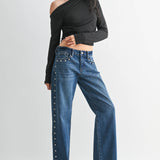 low rise studded denim
