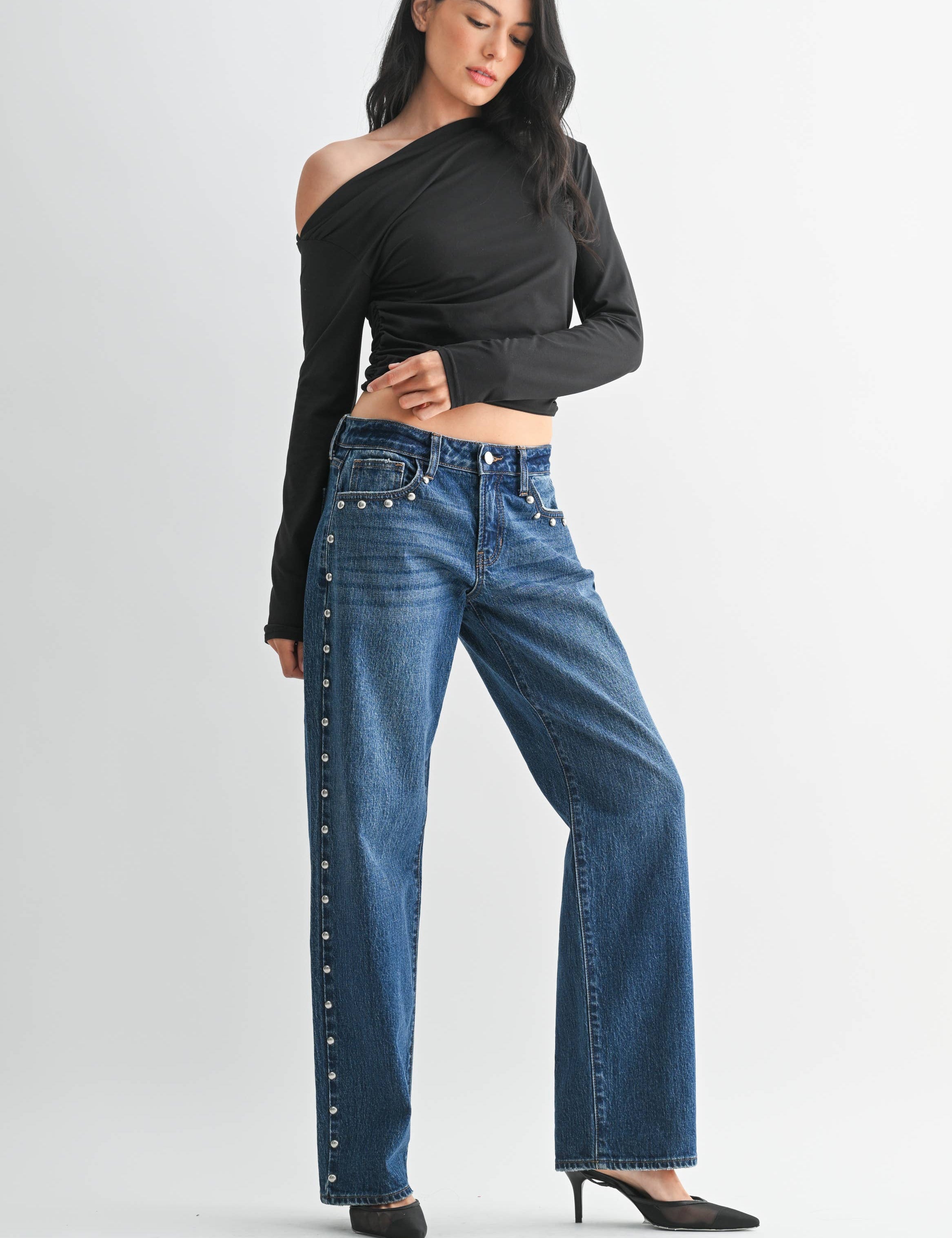 low rise studded denim