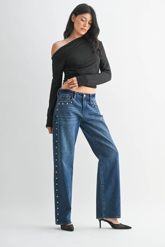 low rise studded denim
